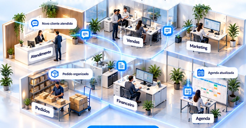 Visual ilustrativo de áreas empresariais conectadas por ferramentas digitais