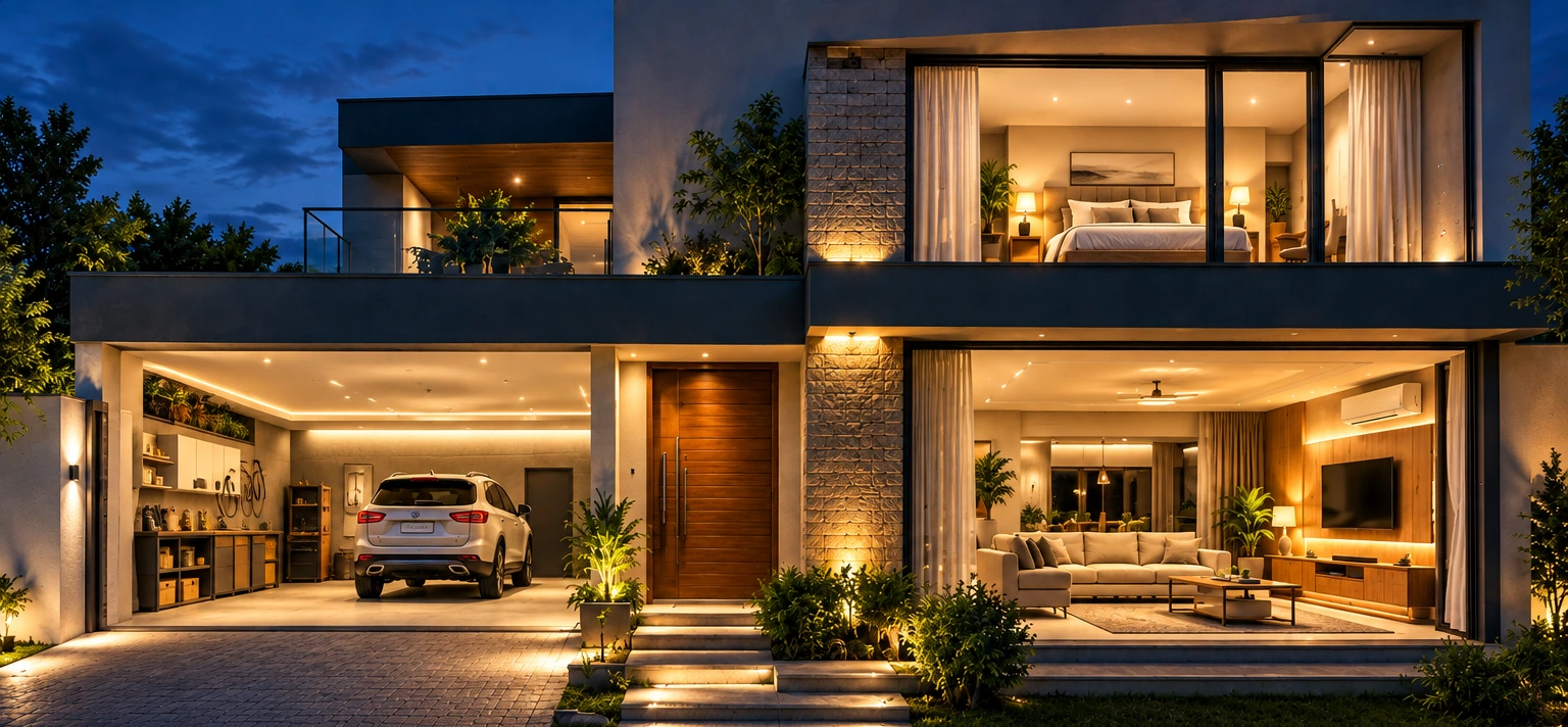 Fotografia fotorrealista de uma casa contemporânea com garagem e portão totalmente abertos, quarto com cortinas abertas e sala iluminada.