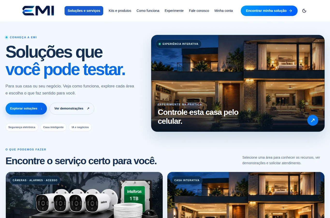 Captura real da página Soluções e serviços da EMI